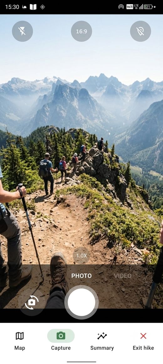 hiker. camera capture screen mid-hike