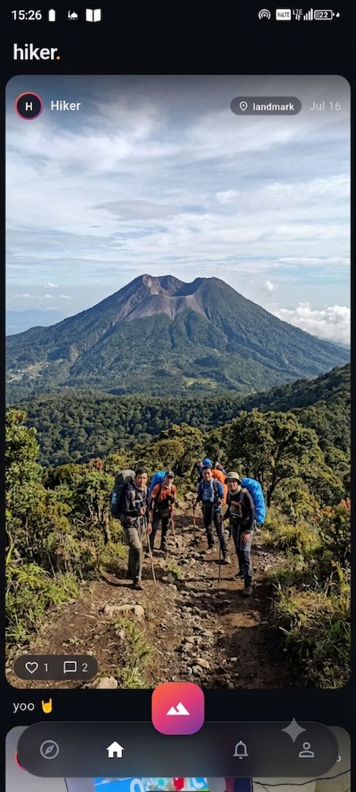 hiker. social feed, dark mode, a real hike post from Gunung Merapi