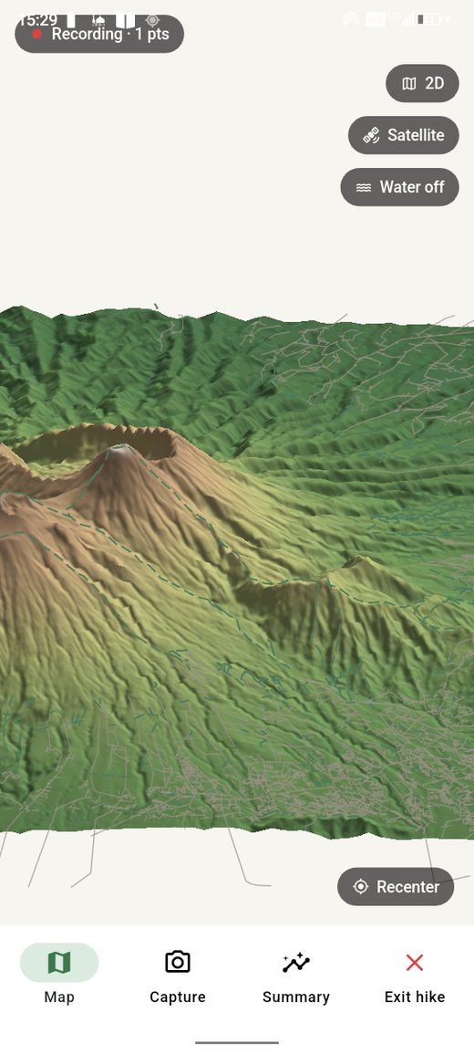 hiker. native 3D terrain render of the Gede–Pangrango crater, satellite skin